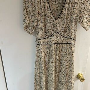 Tan and Black V-Neck Flutter Sleeve Midi Sundress